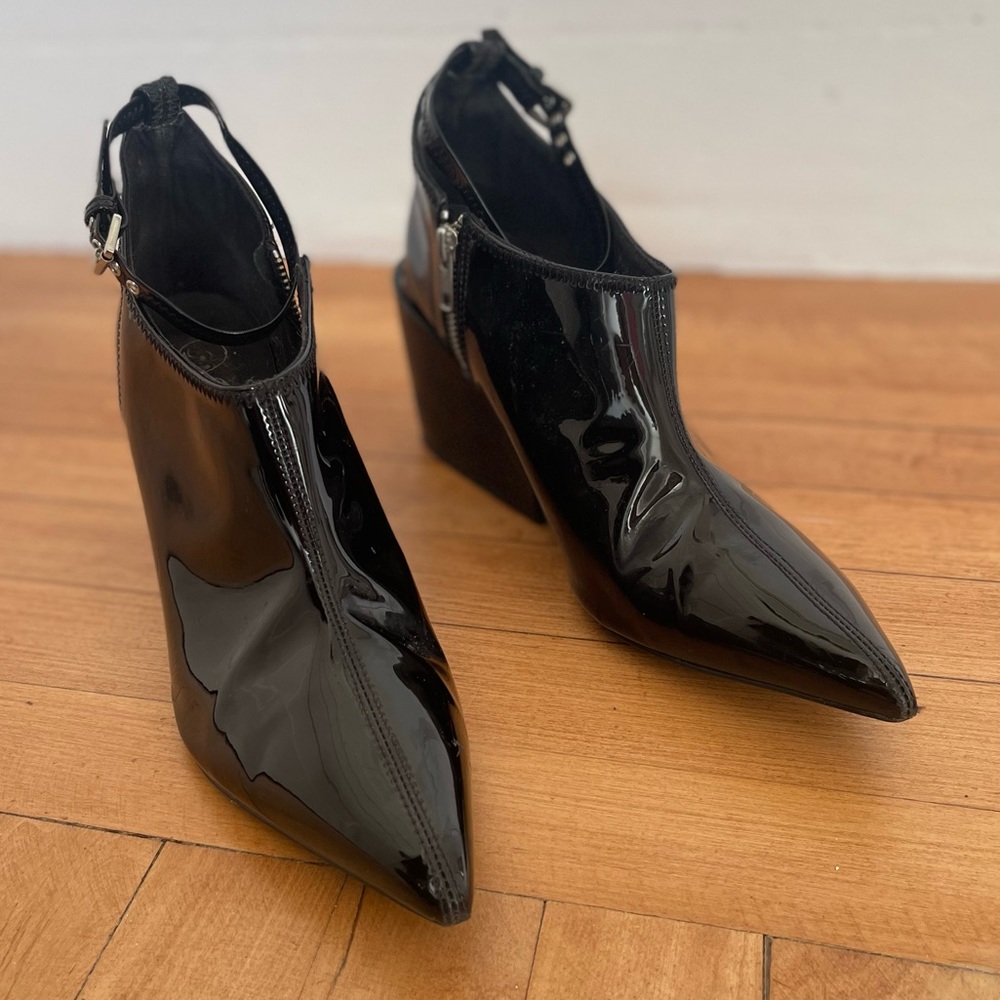 Cheap Monday Cube Black Patent Wedge Boots 9.5 - Picture 3 of 16